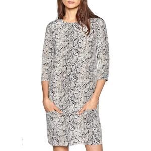 Equipment Aubrey Three Quarter Sleeve Printed Silk Shift Dress Small Tan Black
